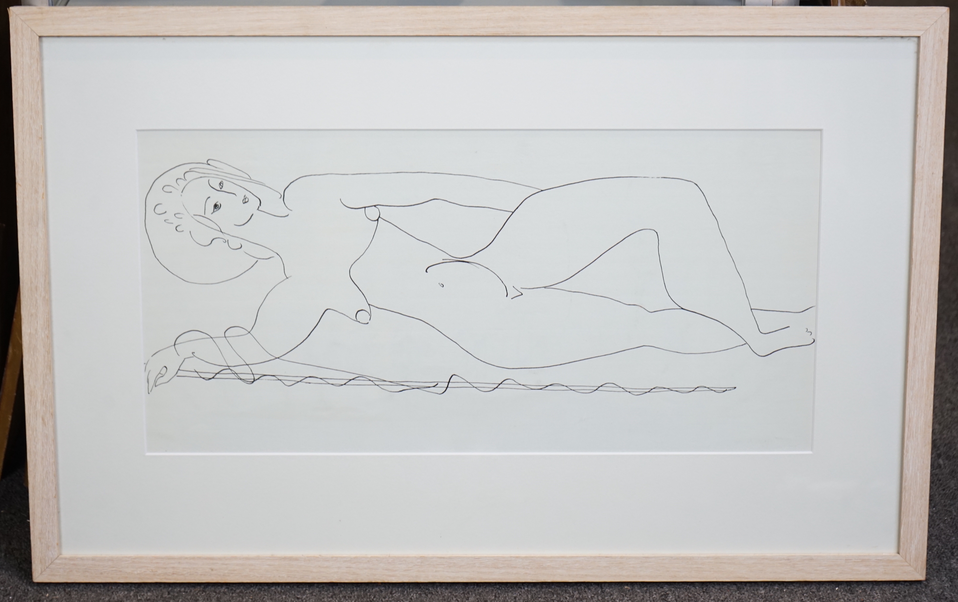 Edward Wolfe (British, 1897-1982), black ink, Reclining female nude, unsigned, 25 x 52cm